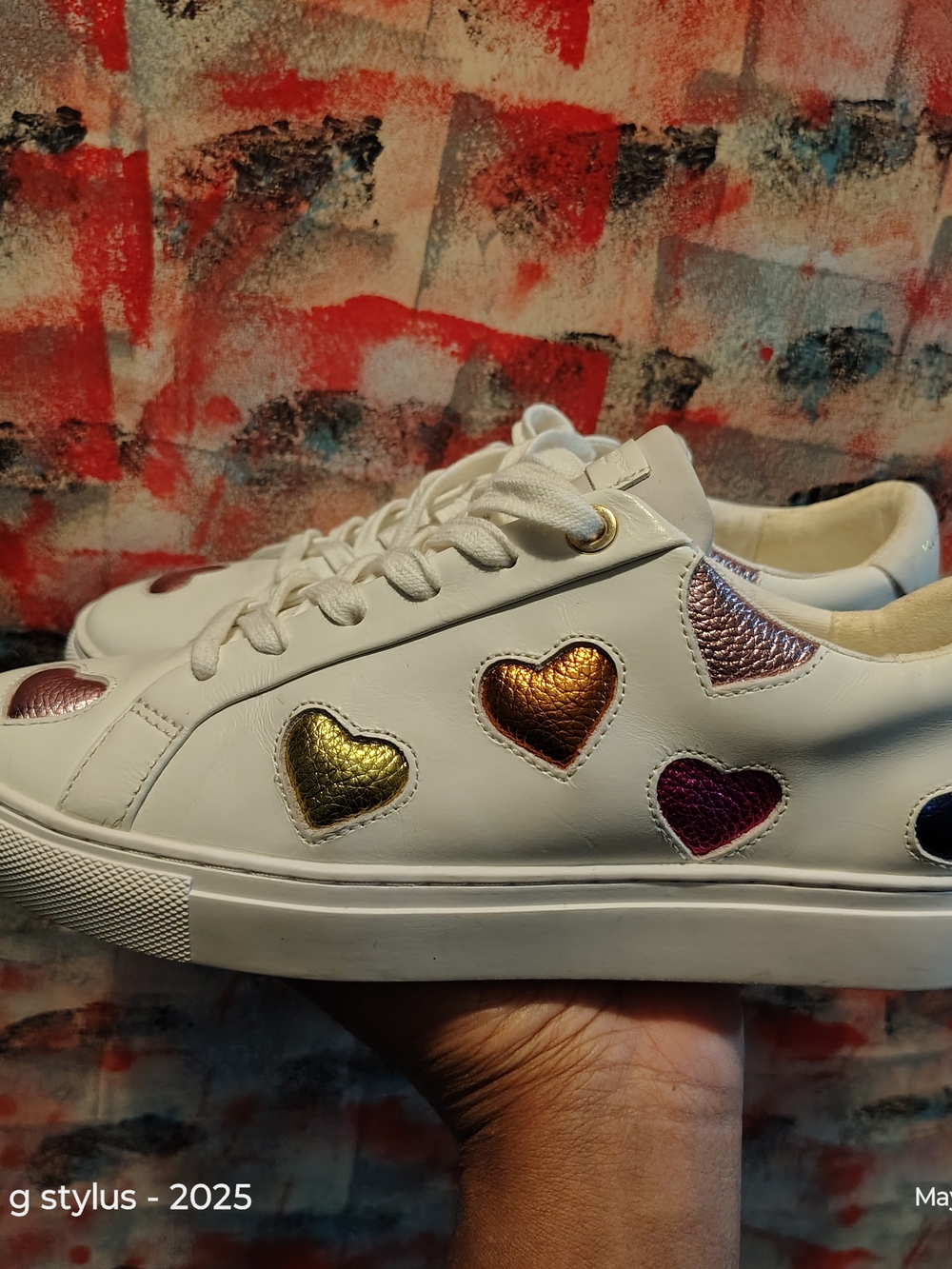 😎🔥🔥 KURT GEIGER - White Leather Sneakers with Metallic Leather Hearts 🌈 - Picture 12 of 15